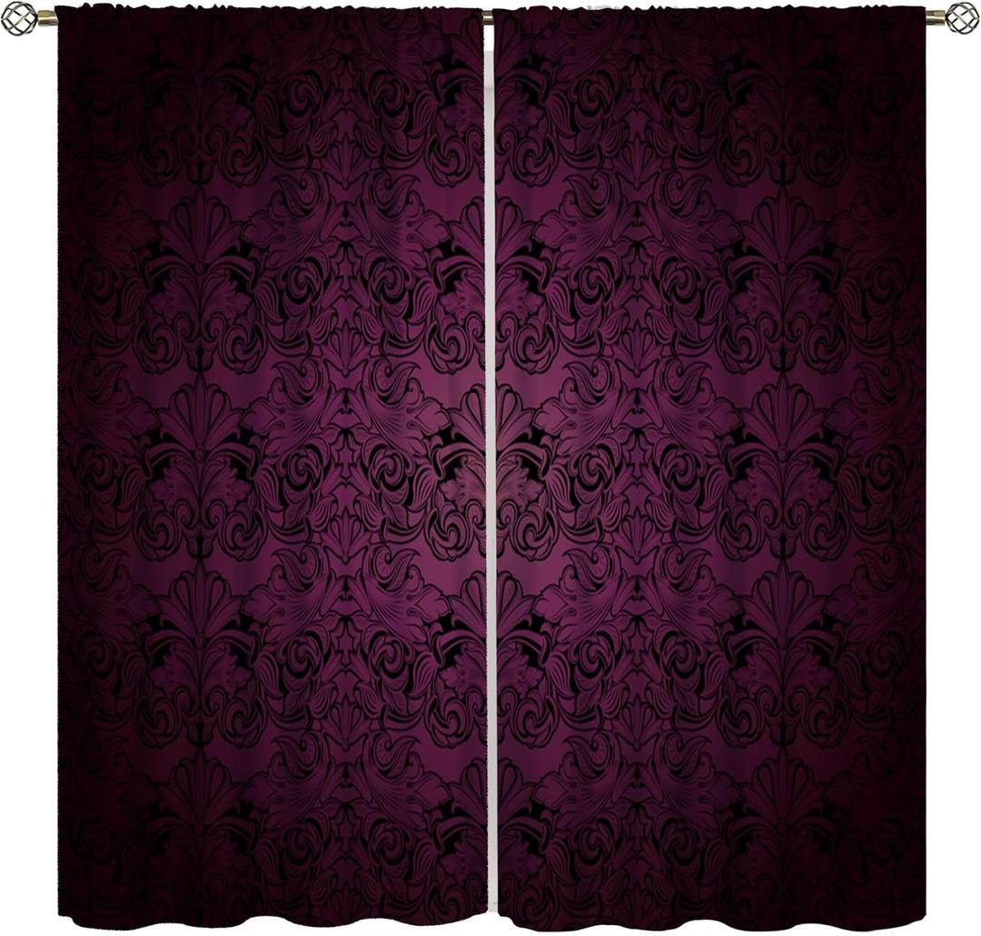 Damask Gothic Curtains for Kitchen,Set Antique Victorian Fabric Window Drapes,Vintage Purple Gothic Botanical Floral Print for Bedroom Living Room 42x45inNo Blackout