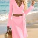 Saodimallsu Women Crochet Bathing Suit Cover Up Sheer Wrap Tie Crop Top Mini Skirt Set Bikini Cover Beachwear Pink