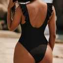 Ruffle One Piece Swimsuit for Women Tummy Control Deep V (Black, L)