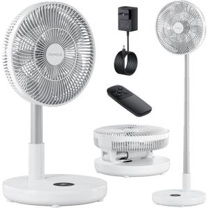 TriPole Oscillating Fan Portable Quiet Standing Fan with Remote, 12" Rechargeable Pedestal Fans for Bedroom Office, Foldable Battery Powered Travel Fans, Adjustable Height, 8H Timer, 6 Speeds, 44.4Wh (Pure White)