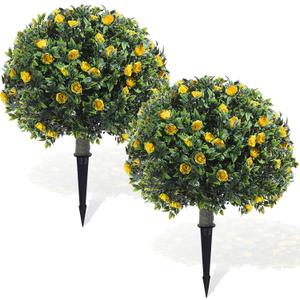 Yunlly 2 Pack Artificial Boxwood Topiary Ball Tree with Faux Rose Bush 18 Inch Outdoor Faux Topiary Shrub with Ground Spike, UV Resistance Fake Plant for Garden Porch Patio Indoor (Yellow)