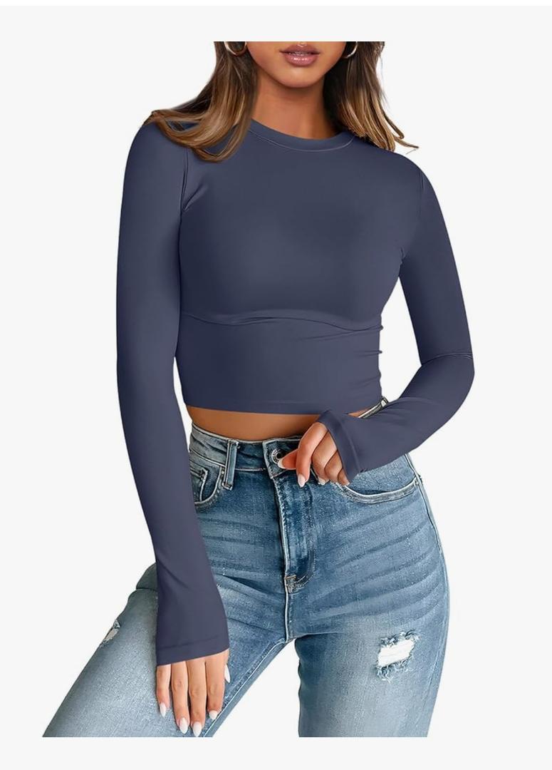 Trendy Queen Womens Long Sleeve Crop Tops Basic Slim Fitted Shirts Fashion 2025 Going Out Y2k Tops Teen Girl Clothes S