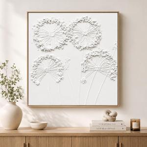 SAFERRYHOME White Flower Textured Hand Painted Wall Art, 30"x30" Framed