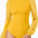 MANGOPOP Womens Sheer Mesh Puff Long Sleeve Bodysuit Double Lined Crew Neck Thong Body Suits Trendy Fall Tops 2025 (Large, Yellow)