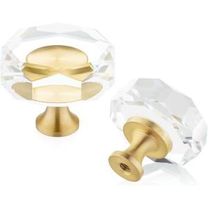 QOGRISUN 10-Pack Brass Crystal Cabinet Knobs,Glass Crystal Gold Drawer Knobs,1-1/4-Inch Polygon,Decorative Dresser Pulls, Modern Cabinet Hardware