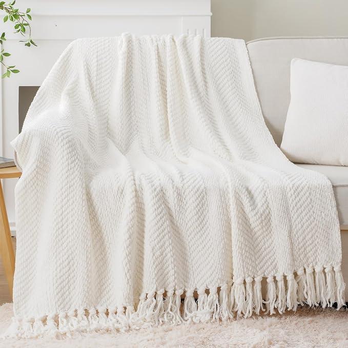 BATTILO HOME Beige Throw Blanket for Couch, Knitted Beige Throw for Bed, Neutral Throw Blankets Tan Throw Blanket for Room Decor Housewarming Gifts, 50" x 60"