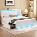 Rolanstar Full Bed Frame with LED Lights and Charging Station, Upholstered Bed with Drawers, Wooden Slats, Noise Free, Easy Assembly, Beige