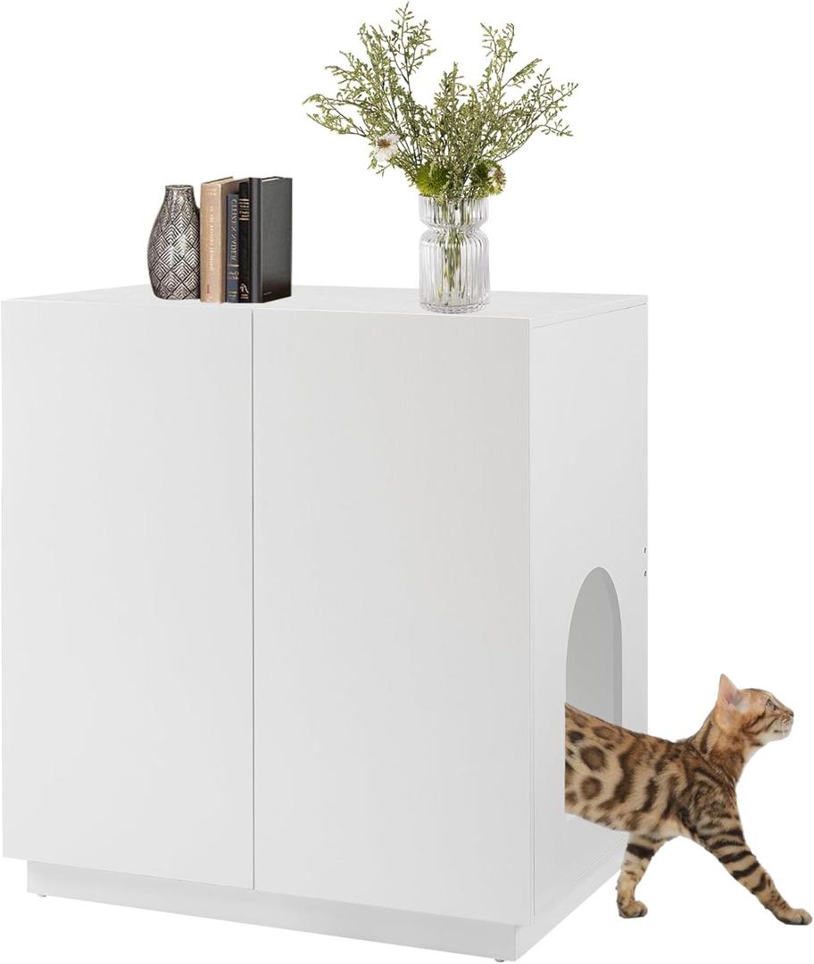 Unipaws Tall Cat Litter Box Enclosure with Shelves, Hidden Litter Box Cover for Tall or Top Entry Litter Box, Kitty Enclosed Litter Box Cabinet, Cat Box Furniture，White