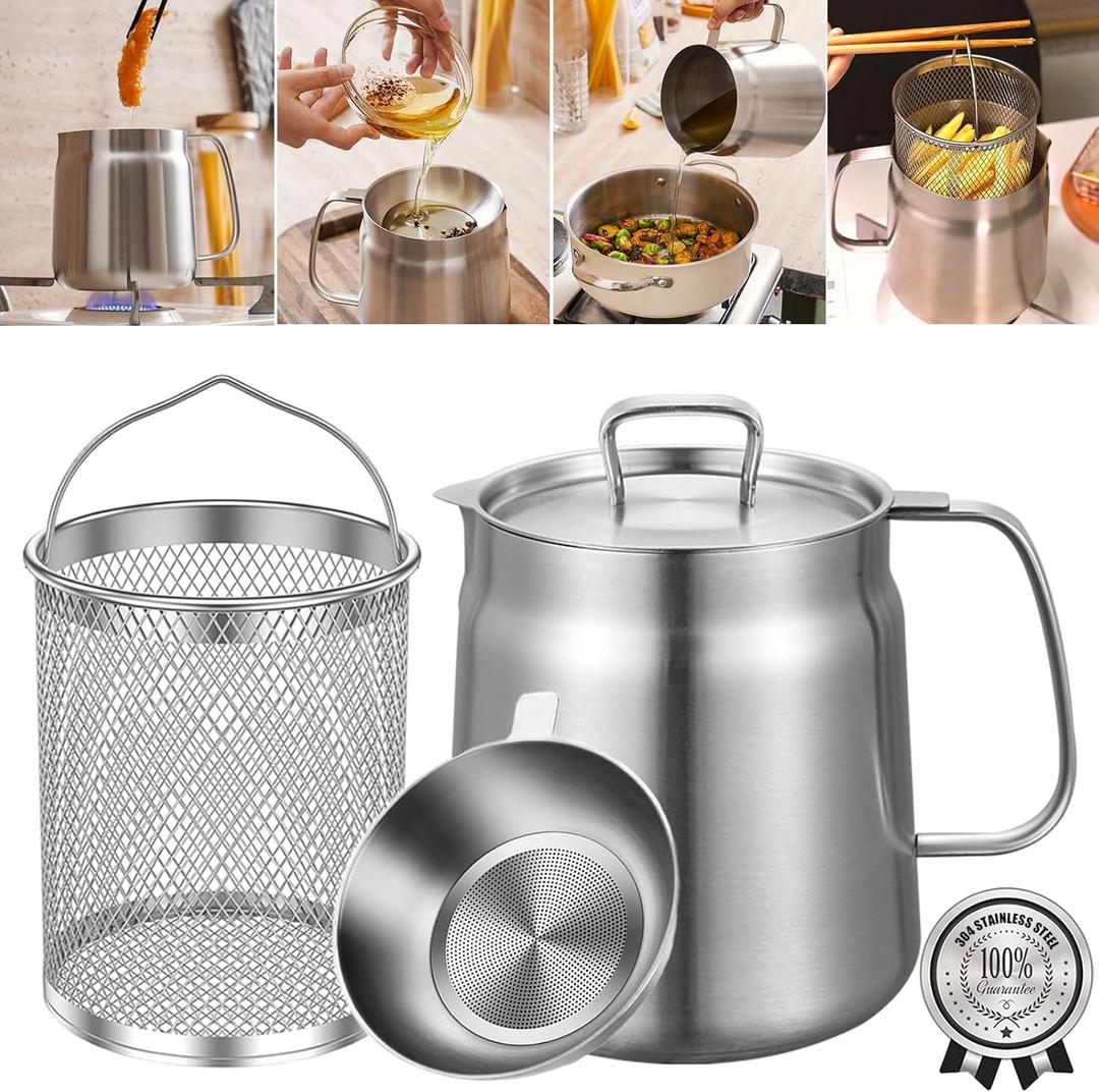 2-in-1 304 Stainless Steel Multifunctional Deep Fryer Pot with Basket & Strainer, Large Capacity Oil Filter Pot, Bacon Grease Container with Steel Pour for Kitchen, Camping, Cooking (68oz/2L)