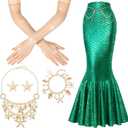 Quelay 6 Pcs Women's Mermaid Costume Halloween Sequin Skirt Starfish Hair Clip Shell Necklace Bracelet Gloves Set for Cosplay (Medium)