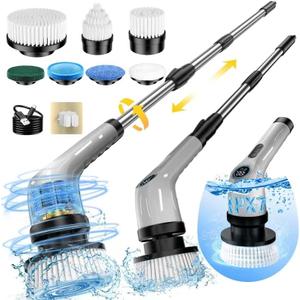 Electric Spin Scrubber, Full-Body IPX7 Waterproof Cordless Power Cleaning Brush with Adjustable Extension Handle, 2-Speed Shower Scrubber with 7 Replaceable Brush Heads for Bathroom, Kitchen, Grey (Gray)