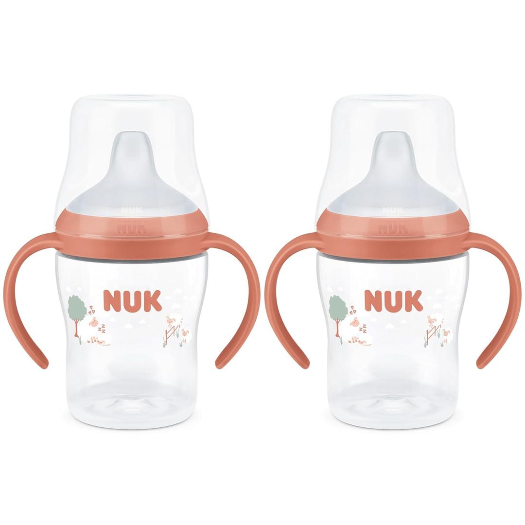 NUK Perfect Match Learner Cup, 5 oz, 2 pack  Soft Spout, Easy-Grip Handles, BPA Free, Spill Proof Transition Sippy Cup (Orange Sheep)