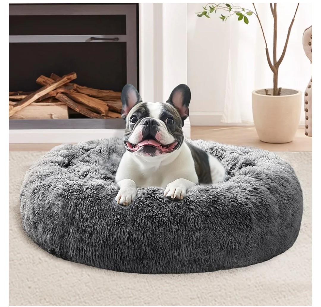 JOLLYVOGUE Calming Small Dog & Cat Bed for Indoor Cats  20 inches Washable Donut Bed for Kittens & Puppies, AntiAnxiety Round Fluffy Plush Pet Beds (Fits up to 15 lbs, Smoke Black)