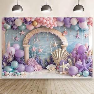 MEHOFOND 7x5ft Under The Sea Photography Background Purple and Pink Balloon Princess Girls Birthday Party Decorations Starfish Shells Ocean Girls Baby Shower Banner Cake Smash Decor Photo Booth Props