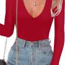 SAUNGKUAI Women's Plunge Deep V Neck Long Sleeve Bodysuit Double Lined Thong Body Suit Shirt Tops (Medium, Red)