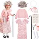 Skirfy Old Lady Costume for Kids, 100 Days of School Granny Outfit Kit with Wig, Cane and Other Dress Up Accessories (M(4.4-4.7ft, Age 6Y-8Y))