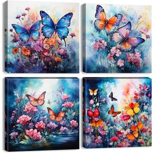 Butterfly Wall Art Colorful Flower Pictures Blue Abstract Butterfly Bathroom Wall Decor Nature Wildflower Canvas Prints Farmhouse Botanical Artwork Living Room Bedroom Home Decorations 12x12" 4Pcs