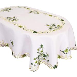 Embroidered Irish Clover St. Patricks Day Tablecloth, Spring Shamrock Decorations (Oval 5788 inches)