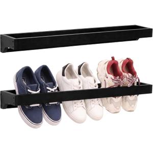 Wenqik 2 Pcs Wall Mounted Wooden Shoe Rack 30 Inch Rustic Wood Wall Hanging Shoe Rack Space Saving Footwear Holder Shoes Storage Organizer for Mudroom, Entryway, Closet (Black)