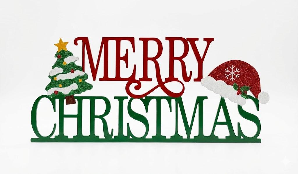 COCHIE Metal Merry Christmas Sign, Winter Decorations for Home, Office, Shelf, Mantel, Indoor, Wood Snowflake Decor, Red White Table Top Party Decoration (Merry Christmas) Pack Of 2