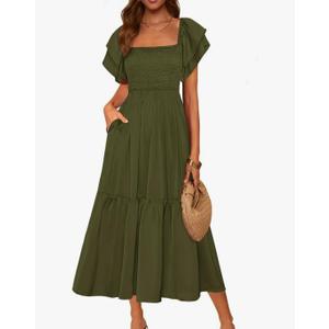 MASCOMODA Womens Summer Casual Midi Dress Square Neck Ruffle Short Sleeve Smocked High Waist A Line Wedding Guest Dresses Medium