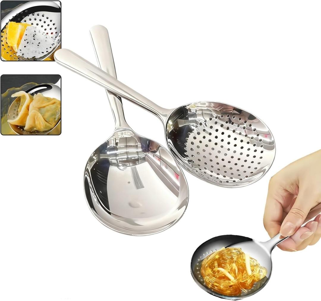 7.9" Stainless Steel Perforated and Regular Set, Slotted and Serving Spoon for Buffet Set, 18/8 Large Serving Spoon Utensils, Extra-Wide 3" Head, for Catering, Restaurants, Kitchen, Parties (2pack)