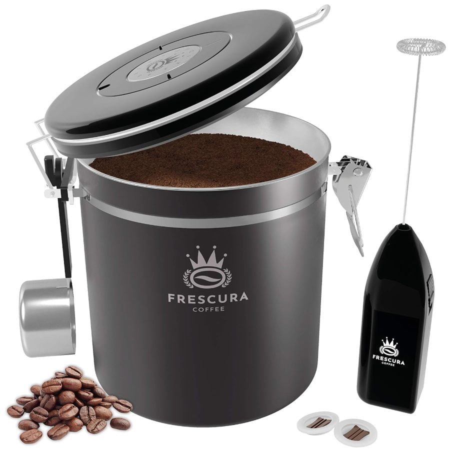 Coffee Canister - Coffee Canisters with Airtight Lids - Coffee Storage Container with CO2 Valve & Date Tracker - Coffee Bean Storage with Hook for Bean Scoop & Frother - Ground Coffee Holder 