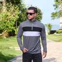 Mens Quarter Zip Polo Shirt Long Sleeve Color Block T Shirts for Men Lightweight Casual Striped Golf Polos (Medium, Grey)