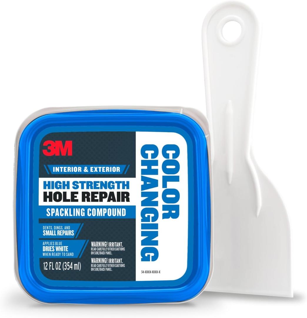 3M High Strength Spackling Compound 12 oz. and Putty Knife, Color Changing, Applies Blue, Dries White, Ideal for Use on Drywall, Plaster, Stoccu and Wood, Easy Interior and Exterior Repairs (CC-SIOC) (2 Piece Set)