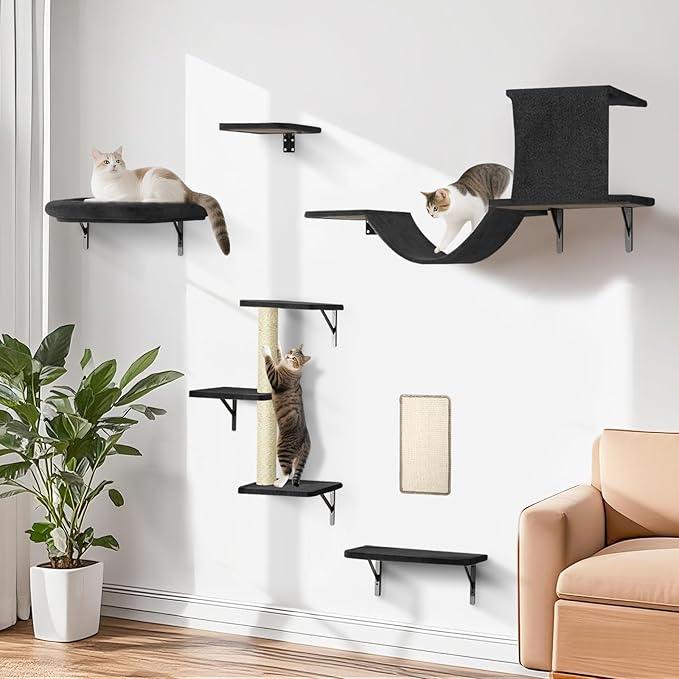 Cat Wall Shelves, Stable Safe 6 in 1 Cat Furniture Set Black, Wooden Climbing Wall with Scratching Post, WallMounted Shelves & Play System