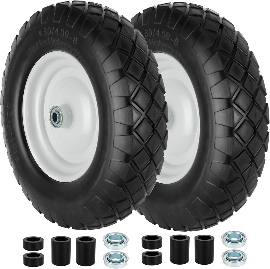 4.80/4.00-8 Tire and Wheel, 16" Flat Free Solid Wheelbarrow Tire with 5/8"&3/4" Bearings 3" Hub, 14"-16" Universal Fit Wheelbarrow Tires for Hand Truck/Garden Trailer/Trolley/Wagons