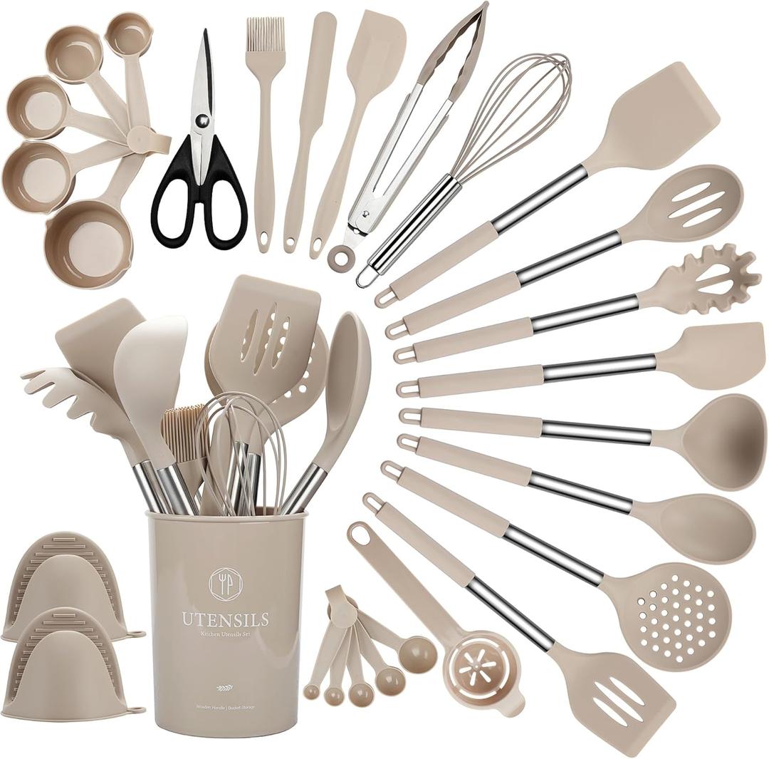 QMVESS Silicone Cooking Utensils Set, 28 Pcs Non-Stick Kitchen Utensils Set with Holder, 446F Heat Resistant Spatula, Tongs, Spoons Set with Stainless Steel Handle Kitchen Gadgets (Khaki)