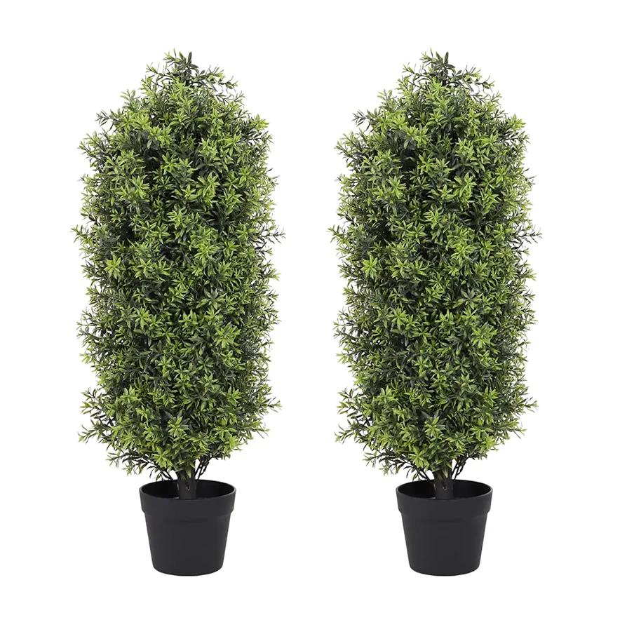3ft Artificial Boxwood Topiary Trees Set of 2 - UV Resistant Faux Plants for Outdoor/Indoor, Fake Bushes and Shrubs for Front Porch, Planter, Patio - No Maintenance Curb Appeal Plants