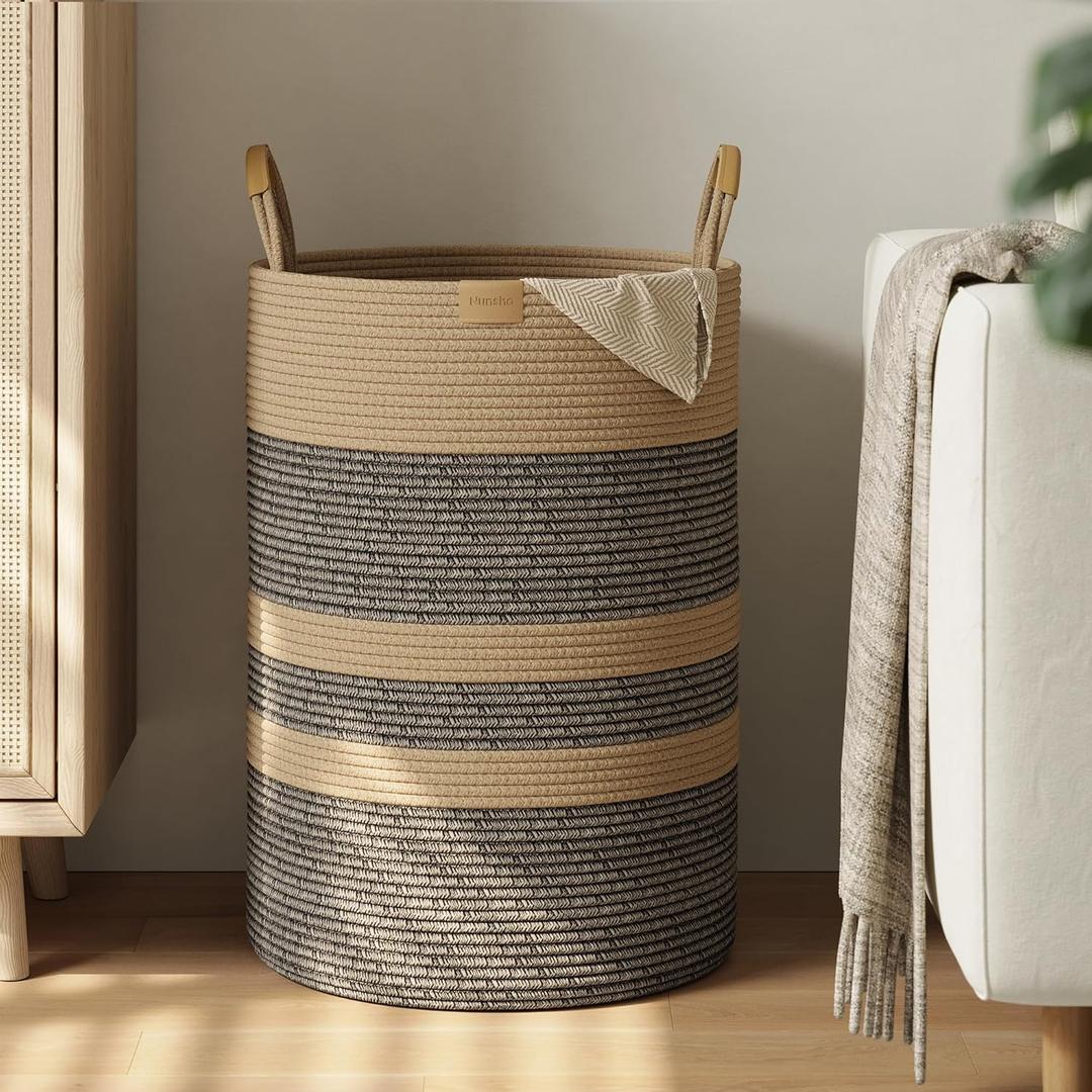 95L Striped Laundry Hamper with Leather Handles,Large Foldable Laundry Basket for Clothes,Cotton Rope Storage Bin for Blankets,Woven Clothes Basket for Bedroom,Dark Brown Stripes (95L/25.1Gal)