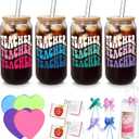 Teacher Appreciation Gifts- 4 Pack End of Year Teacher Gifts for Women Men, 18oz Teachers Glass Cup with Bamboo Lid and Straw Glass Coffee Cups Unique Thank You Teachers Tumbler Mug Gift from Students (EXP 08/05/26)