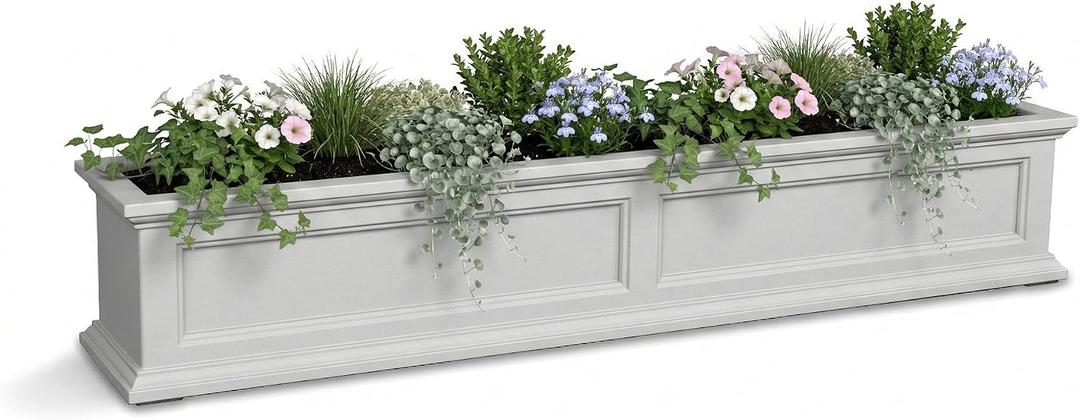 Mayne Fairview 60in Self-Watering Rectangular Window Box Planter, White Self-watering, All season, Fade resistant, Mounting brackets included, Built-in overflow