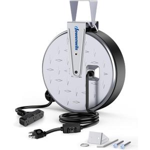 DEWENWILS 30 Ft Retractable Extension Cord Reel, Ceiling/Wall Mount 16/3 Gauge SJTW Power Cord with 3 Electrical Outlets Pigtail for Garage and Shop, 10 Amp Circuit Breaker, Metal Plate, UL Listed (Silver/Black+logo)