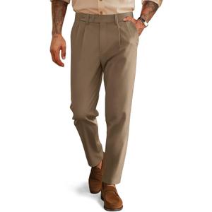 PJ PAUL JONES Mens Dress Pants Vintage Pleated Tapered Cropped Trousers Extended Waist Dress Pant Casual Slacks (Medium, Brown)