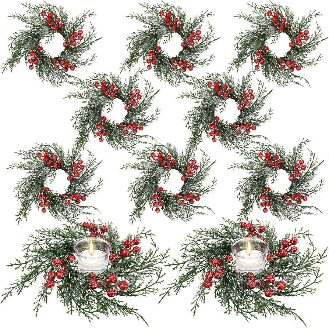 10 Pcs Christmas Candle Rings Wreath Artificial Candle Rings with Red Berry, Snowy Pine Garland Candle Ring Holder for Christmas Decorations Table Centerpiece