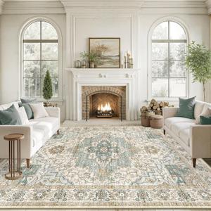 10x14 Living Room Rug - Large Washable Non Slip Vintage Rugs Low Pile Stain Resistant Distressed Carpet for Bedroom Dining Room Home Office 10'x14' Green/Beige