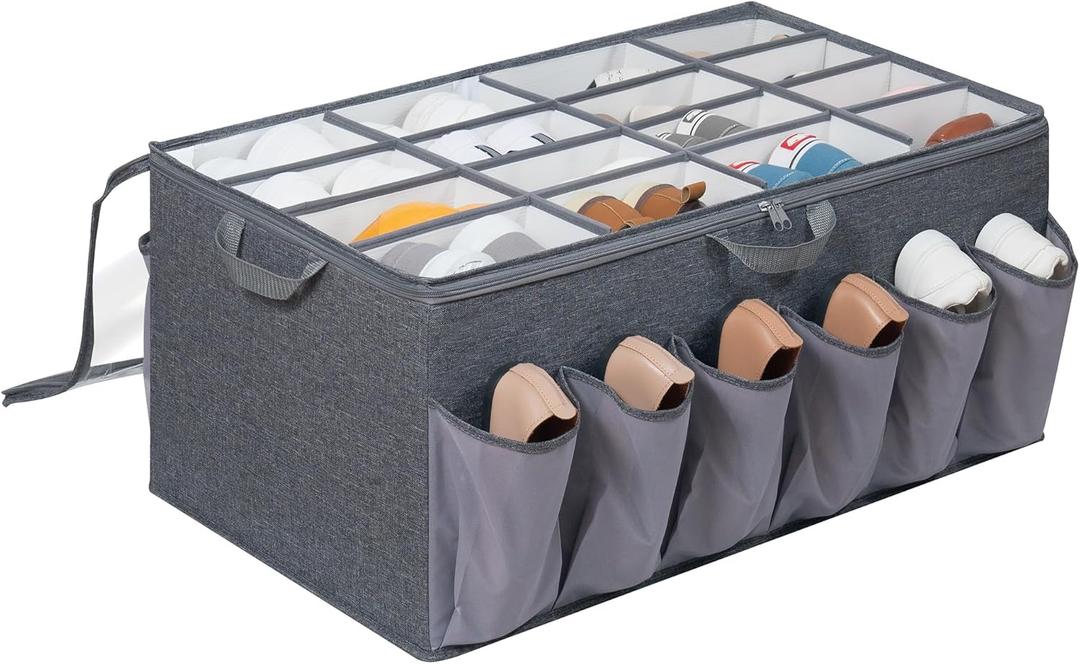 Shoe Organizer for Closet, Shoe Storage Solution with Clear Cover & Adjustable Dividers, Fabric Shoe Box Fits 16 +12 Pairs Shoes, Grey, 1-Pack