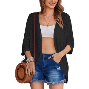 HOTOUCH Womens Lightweight Cardigan Open Front 3/4 Sleeve Casual Loose Fit Beach Cover Up (XX-Large, Black)