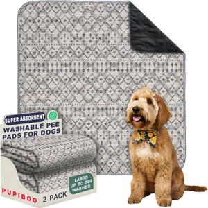 PUPIBOO Washable Pee Pads for Dogs and Cats - Super Absorbent Reusable Puppy Training Pads - 100% Waterproof, Leak-Proof & Non-Slip Whelping Pads for Pet Housebreaking (36 x 36 Inch (Pack of 2), Grey Moroccan)