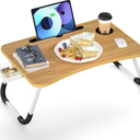 Foldable Laptop Bed Table Tray, Folding Lap Desk with Cup Holder, Portable Serving Breakfast Tray with Storage Drawer/Tablet Stand/for Working, Writing, and Eating on Bed, Sofa, Floor - Natural