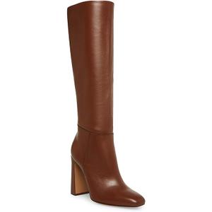 Coutgo Women's Chunky Heeled Knee High Boots Classic Leather Square Toe Zippered Tall Boot, Dark Brown, Size 8