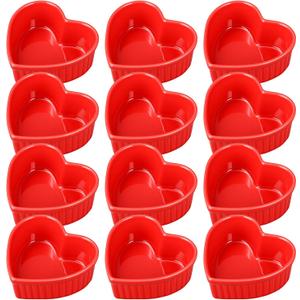 12 Pcs Heart Shaped Ceramic Ramekins Small Dessert Bowls 6 oz Oven Safe Ceramic Dish Dip Bowl Seasoning for Valentine's Day Serving Sauce Snack Baking Brulee Pudding (Red)