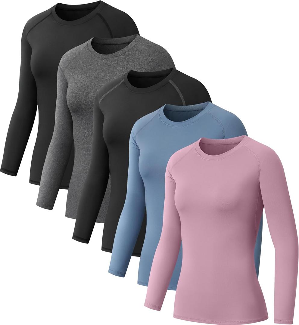 NebuKinex 5 Pack Women's Compression Shirt Long Sleeve Workout Tops Athletic Baselayer Quick Dry Gym Yoga Running T-Shirt (Blue, L)