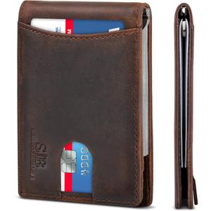 SERMAN BRANDS RFID Blocking Slim Bifold Genuine Leather Minimalist Front Pocket Wallets for Men with Money Clip Thin Mens (A. Texas Brown 1.0)