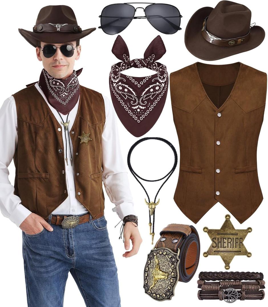 8 PCS Mens Western Cowboy Costume Set with Cow Vest & Hat Retro Accessories Halloween Party Cosplay (X-Large, Darkbrown)