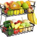 ANTOPY 2 Tier Fruit Basket with 2 Banana Hangers, Countertop Fruit Vegetable Basket Bowl for Kitchen Counter Metal Wire Fruits Storage Stand Holder Organizer for Bread Snack Veggies Produce (Black (2 Tier with Banana Hangers))